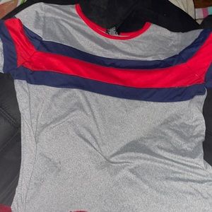 gray red and blue striped top